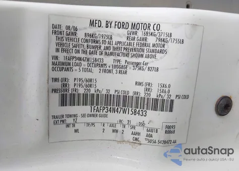 2007 Ford Focus S/Se/Ses z USA, uszkodzony, nr VIN 1FAFP34N47W158433